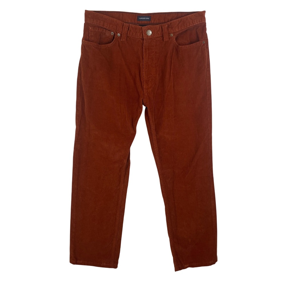 Lands End Mens Straight Fit Corduroy Pants Rust Orange 34x27 Cotton Casual